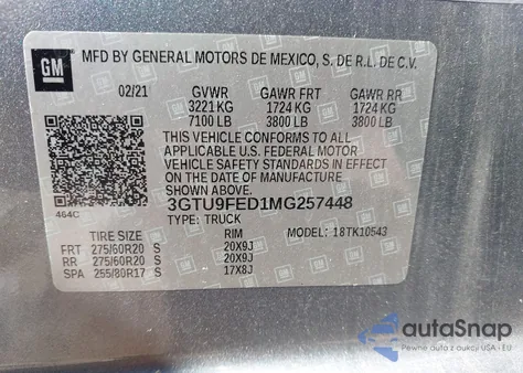 2021 GMC Sierra 1500 4Wd Short Box Denali z USA, uszkodzony, nr VIN 3GTU9FED1MG257448